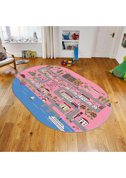 Dijital Baskılı Kaymaz Taban Yıkanabilir Oval Çocuk Odası Oyun Halısı, V-O-Çocuk-07-Pembe,