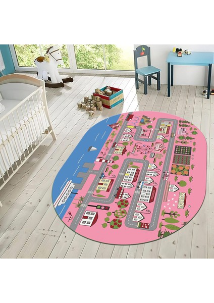 Dijital Baskılı Kaymaz Taban Yıkanabilir Oval Çocuk Odası Oyun Halısı, V-O-Çocuk-07-Pembe, fiyatları