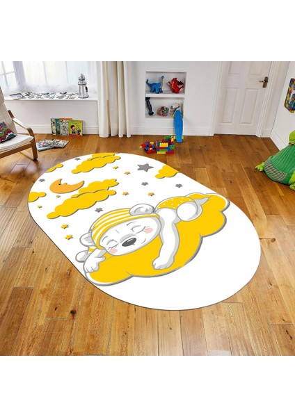 Dijital Baskılı Kaymaz Taban Yıkanabilir Oval Çocuk Odası Oyun Halısı, V-O-Çocuk-34-Sarı,
