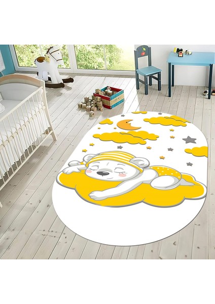 Dijital Baskılı Kaymaz Taban Yıkanabilir Oval Çocuk Odası Oyun Halısı, V-O-Çocuk-34-Sarı, fiyatları