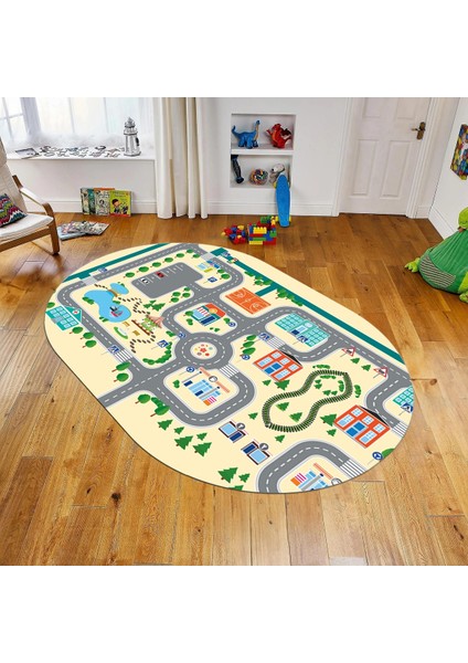 Dijital Baskılı Kaymaz Taban Yıkanabilir Oval Çocuk Odası Oyun Halısı, V-O-Çocuk-47-Krem,