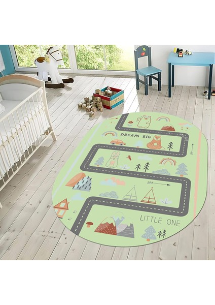 Dijital Baskılı Kaymaz Taban Yıkanabilir Oval Çocuk Odası Oyun Halısı, V-O-Çocuk-16-Yeşil,