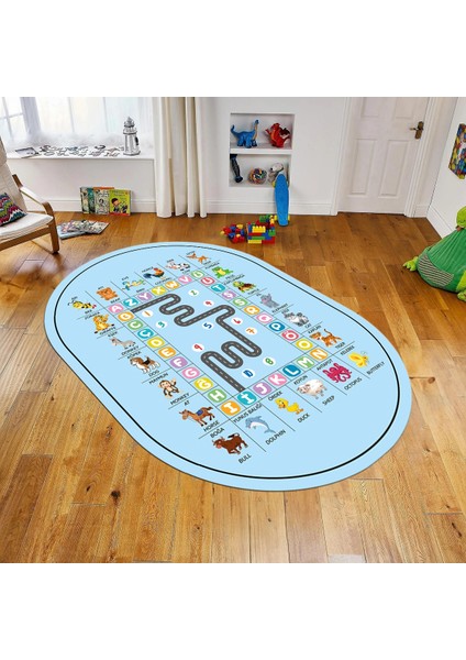 Dijital Baskılı Kaymaz Taban Yıkanabilir Oval Çocuk Odası Oyun Halısı, V-O-Çocuk-44-Mavi,