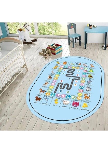 Dijital Baskılı Kaymaz Taban Yıkanabilir Oval Çocuk Odası Oyun Halısı, V-O-Çocuk-44-Mavi, fiyatları