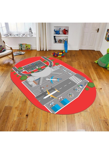 Dijital Baskılı Kaymaz Taban Yıkanabilir Oval Çocuk Odası Oyun Halısı, V-O-Çocuk-50-Kırmızı,