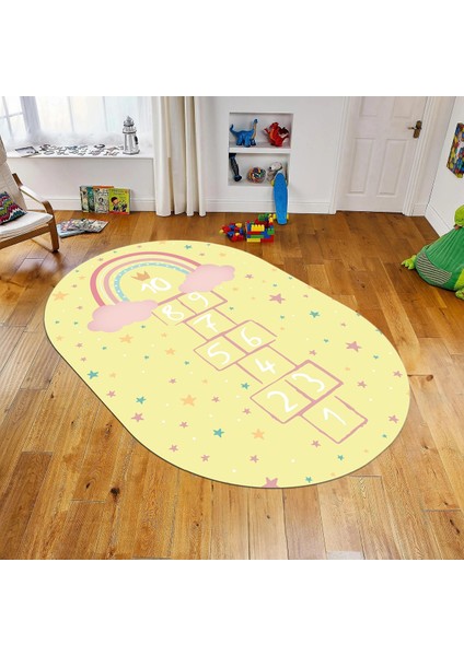 Dijital Baskılı Kaymaz Taban Yıkanabilir Oval Çocuk Odası Oyun Halısı, V-O-Çocuk-12-Sarı,