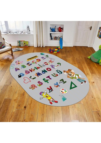 Dijital Baskılı Kaymaz Taban Yıkanabilir Oval Çocuk Odası Oyun Halısı, V-O-Çocuk-33-Gri,