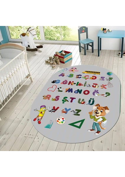 Dijital Baskılı Kaymaz Taban Yıkanabilir Oval Çocuk Odası Oyun Halısı, V-O-Çocuk-33-Gri,
