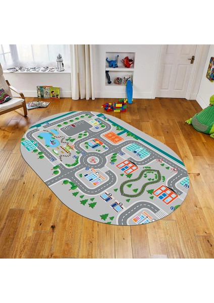 Dijital Baskılı Kaymaz Taban Yıkanabilir Oval Çocuk Odası Oyun Halısı, V-O-Çocuk-47-Gri,