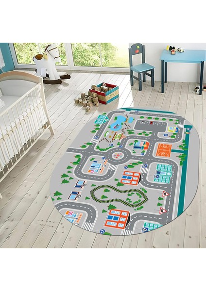 Dijital Baskılı Kaymaz Taban Yıkanabilir Oval Çocuk Odası Oyun Halısı, V-O-Çocuk-47-Gri, fiyatları