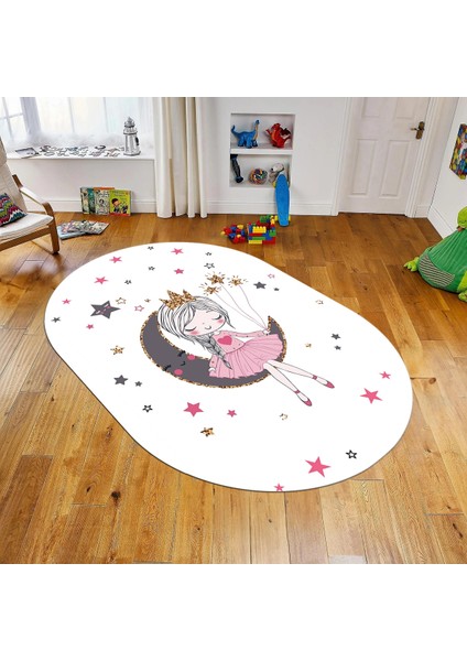 Dijital Baskılı Kaymaz Taban Yıkanabilir Oval Çocuk Odası Oyun Halısı, V-O-Çocuk-13-Beyaz,