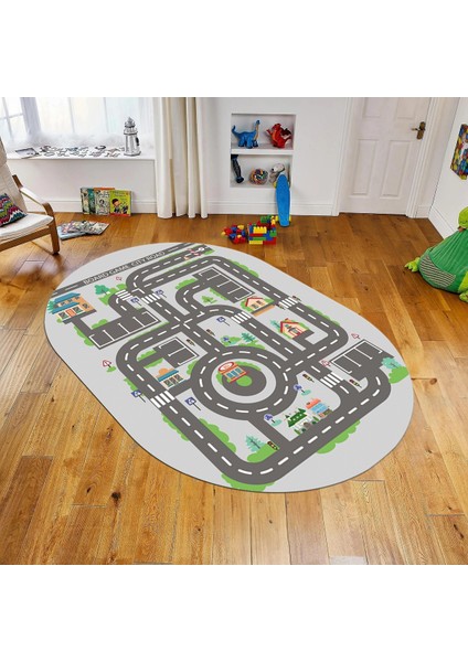 Dijital Baskılı Kaymaz Taban Yıkanabilir Oval Çocuk Odası Oyun Halısı, V-O-Çocuk-17-Gri,