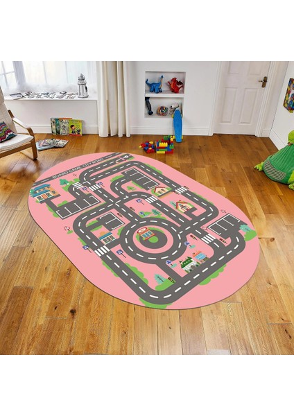 Dijital Baskılı Kaymaz Taban Yıkanabilir Oval Çocuk Odası Oyun Halısı, V-O-Çocuk-17-Pembe,