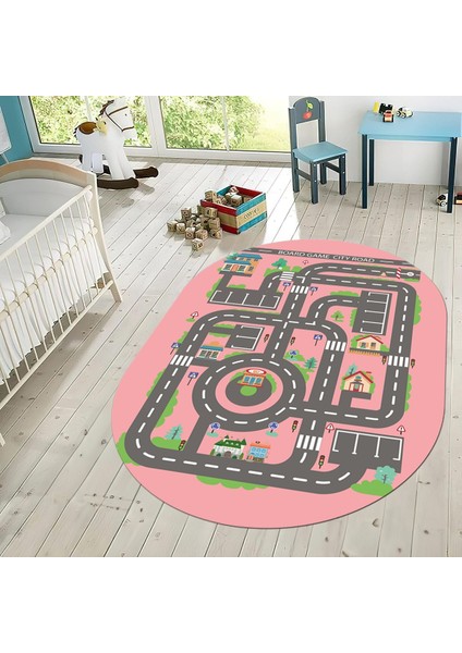 Dijital Baskılı Kaymaz Taban Yıkanabilir Oval Çocuk Odası Oyun Halısı, V-O-Çocuk-17-Pembe, fiyatları