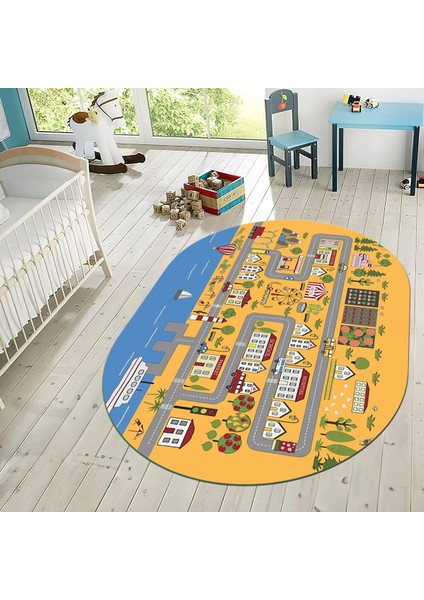 Dijital Baskılı Kaymaz Taban Yıkanabilir Oval Çocuk Odası Oyun Halısı, V-O-Çocuk-07-Turuncu, fiyatları