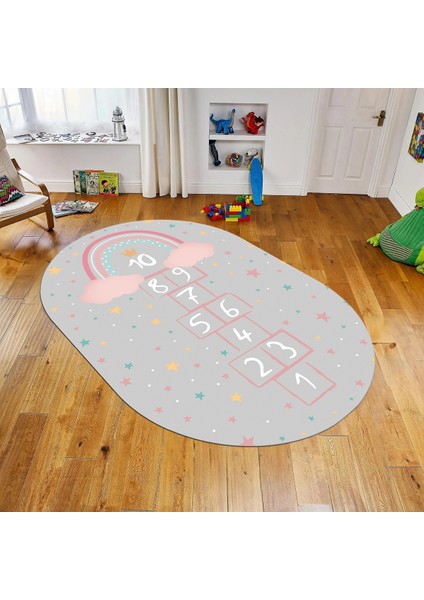 Dijital Baskılı Kaymaz Taban Yıkanabilir Oval Çocuk Odası Oyun Halısı, V-O-Çocuk-12-Gri,