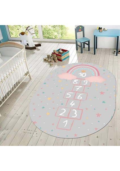 Dijital Baskılı Kaymaz Taban Yıkanabilir Oval Çocuk Odası Oyun Halısı, V-O-Çocuk-12-Gri,