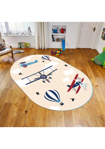 Dijital Baskılı Kaymaz Taban Yıkanabilir Oval Çocuk Odası Oyun Halısı, V-O-Çocuk-23-Krem,