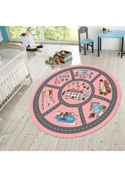 Dijital Baskılı Kaymaz Taban Yıkanabilir Yuvarlak Çocuk Odası Oyun Halısı, V-Y-Çocuk-02-Pembe,