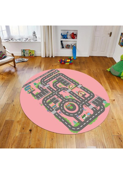 Dijital Baskılı Kaymaz Taban Yıkanabilir Yuvarlak Çocuk Odası Oyun Halısı, V-Y-Çocuk-17-Pembe,