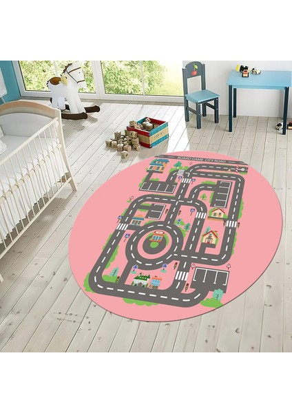 Dijital Baskılı Kaymaz Taban Yıkanabilir Yuvarlak Çocuk Odası Oyun Halısı, V-Y-Çocuk-17-Pembe,