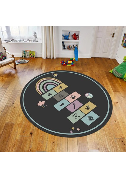 Dijital Baskılı Kaymaz Taban Yıkanabilir Yuvarlak Çocuk Odası Oyun Halısı, V-Y-Çocuk-31-Antrasit,