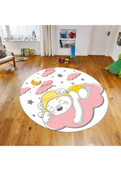 Dijital Baskılı Kaymaz Taban Yıkanabilir Yuvarlak Çocuk Odası Oyun Halısı, V-Y-Çocuk-34-Pembe,