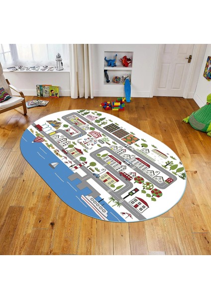 Dijital Baskılı Kaymaz Taban Yıkanabilir Oval Çocuk Odası Oyun Halısı, V-O-Çocuk-07-Beyaz,