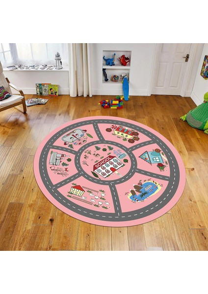 Dijital Baskılı Kaymaz Taban Yıkanabilir Yuvarlak Çocuk Odası Oyun Halısı, V-Y-Çocuk-02-Pembe,
