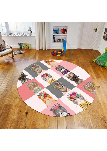 Dijital Baskılı Kaymaz Taban Yıkanabilir Yuvarlak Çocuk Odası Oyun Halısı, V-Y-Çocuk-11-Pembe,