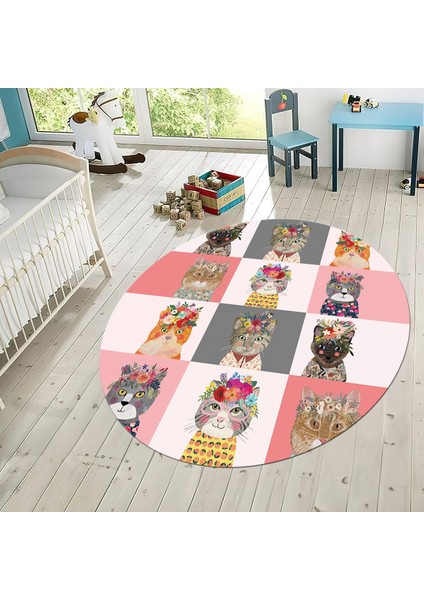 Dijital Baskılı Kaymaz Taban Yıkanabilir Yuvarlak Çocuk Odası Oyun Halısı, V-Y-Çocuk-11-Pembe,