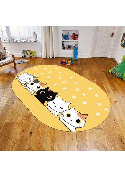 Dijital Baskılı Kaymaz Taban Yıkanabilir Oval Çocuk Odası Oyun Halısı, V-O-Çocuk-49-Sarı,