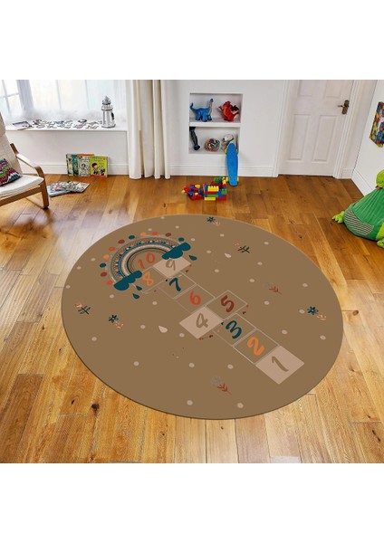 Dijital Baskılı Kaymaz Taban Yıkanabilir Yuvarlak Çocuk Odası Oyun Halısı, V-Y-Çocuk-30-Kahve,