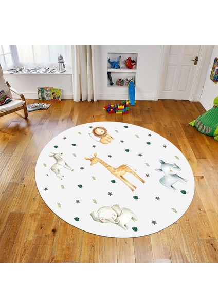 Dijital Baskılı Kaymaz Taban Yıkanabilir Yuvarlak Çocuk Odası Oyun Halısı, V-Y-Çocuk-35-Beyaz,