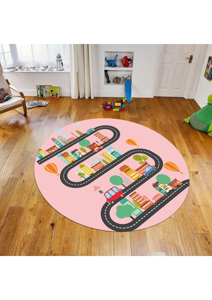 Dijital Baskılı Kaymaz Taban Yıkanabilir Yuvarlak Çocuk Odası Oyun Halısı, V-Y-Çocuk-18-Pembe,