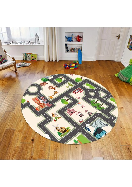 Dijital Baskılı Kaymaz Taban Yıkanabilir Yuvarlak Çocuk Odası Oyun Halısı, V-Y-Çocuk-20-Krem,