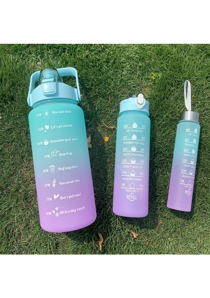 Yeşil Motivasyonel 3lü Set Su Matarası Su Şişesi Suluk 2LT+900ML+600ML Tritan Spor Salonu Su Şişesi