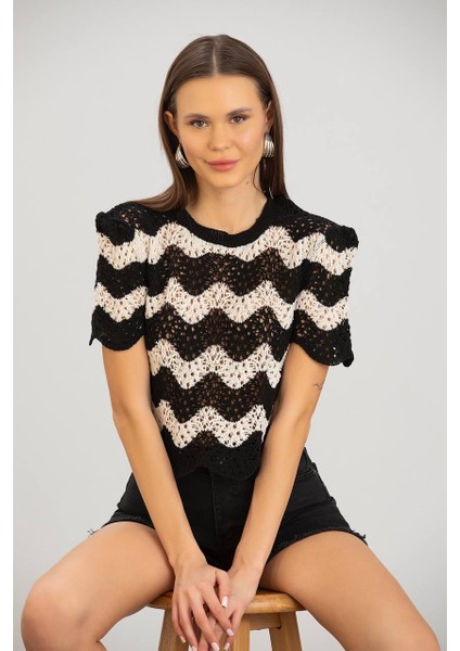 Asur Butik Kadın Ajurlu Crop Triko Tişört