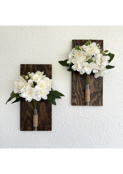 Beyaz Yasemin Çiçekli Duvar Dekoru Ceviz Ikili Set