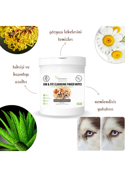 Göz Kulak Temizleme Parmak Mendil Hijyenik Islak Mendil Vegan Bitkisel Içerikli Kedi Köpek 50 Adet*2