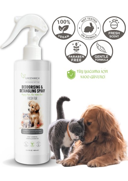 Tüy Dolaşıklık Kıtık Açıcı Koku Giderici Kolay Tarama Spreyi Vegan Kedi Köpek Uzun Kısa Parlak Tüyler 400 ml*2