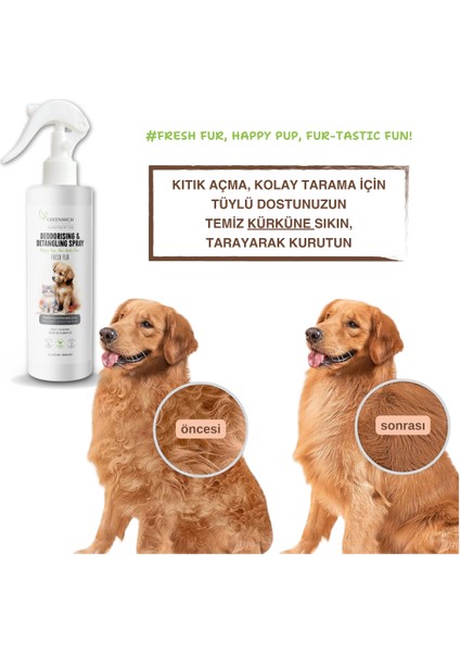 Tüy Dolaşıklık Kıtık Açıcı Koku Giderici Kolay Tarama Spreyi Vegan Kedi Köpek Uzun Kısa Parlak Tüyler 400 ml*2