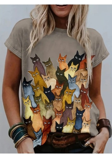 Kadın Kısa Kollu Bisiklet Yaka Kedi Baskılı Süprem Bluz