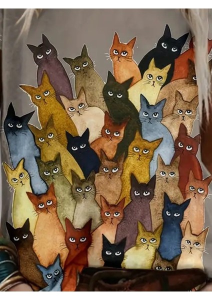 Kadın Kısa Kollu Bisiklet Yaka Kedi Baskılı Süprem Bluz fiyatları