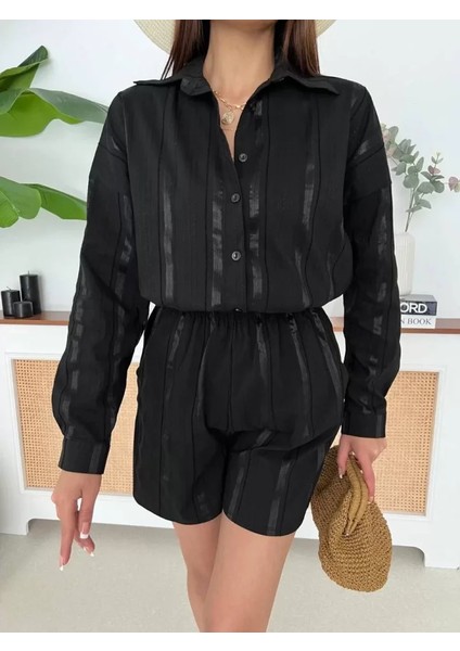 Kendinden Desenli Şortlu Takım - Siyah