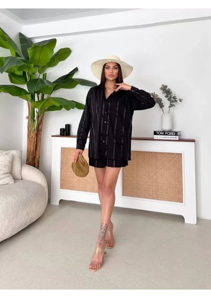 Kendinden Desenli Şortlu Takım - Siyah modelleri