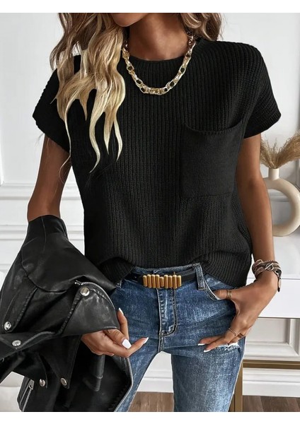 Kadın Kısa Kollu Bisiklet Yaka Cep Detay Triko Bluz fiyatları