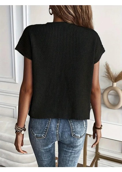 Kadın Kısa Kollu Bisiklet Yaka Cep Detay Triko Bluz modelleri