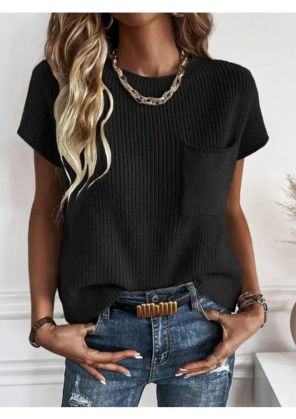 Kadın Kısa Kollu Bisiklet Yaka Cep Detay Triko Bluz fırsatları