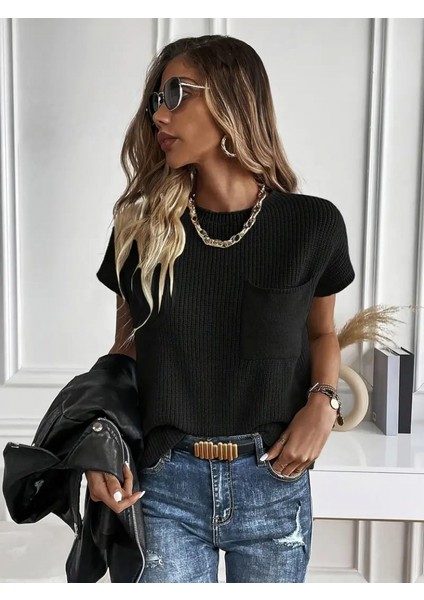 Kadın Kısa Kollu Bisiklet Yaka Cep Detay Triko Bluz indirimleri